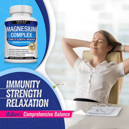 Magnesium Complex Supplement 8 Elemental 1000Mg - Magnesium Glycinate, Citrate, Malate, Taurate for Bones, Muscles, Energy